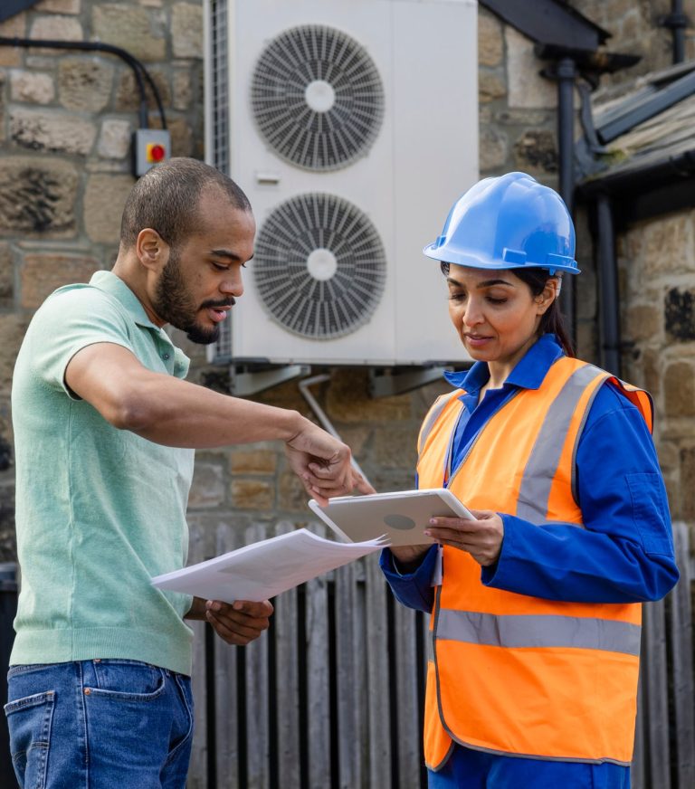 Engineer Working on an Air Source Heat Pump